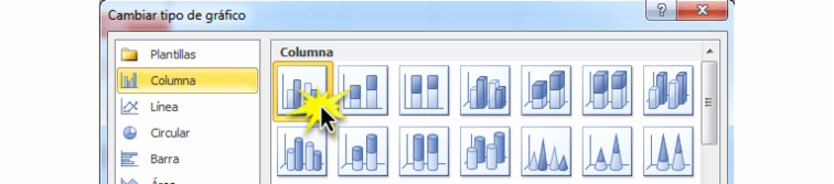 Imagen ejemplo de cómo seleccionar otro tipo de gráfico en Excel 2010.