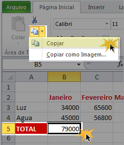 Um exemplo do comando Copiar na faixa de opções do Excel 2010.