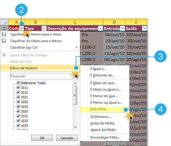 Exemplo de imagem dos passos 2, 3 e 4 para usar filtros avançados por número no Excel 2010.