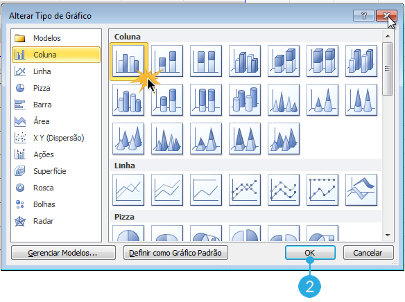 Exemplo de imagem de como selecionar outro tipo de gráfico no Excel 2010