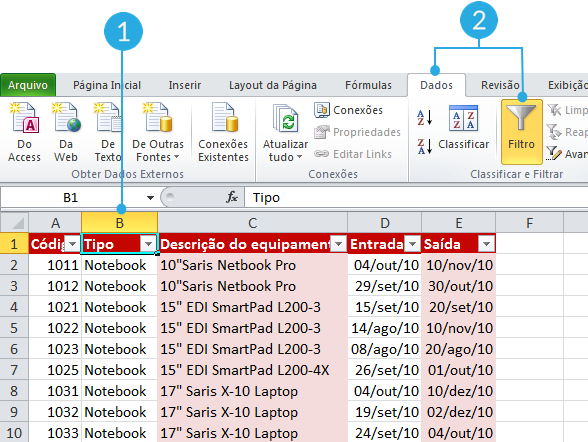 Exemplo de imagem do comando Filtro na guia Dados do Excel 2010.