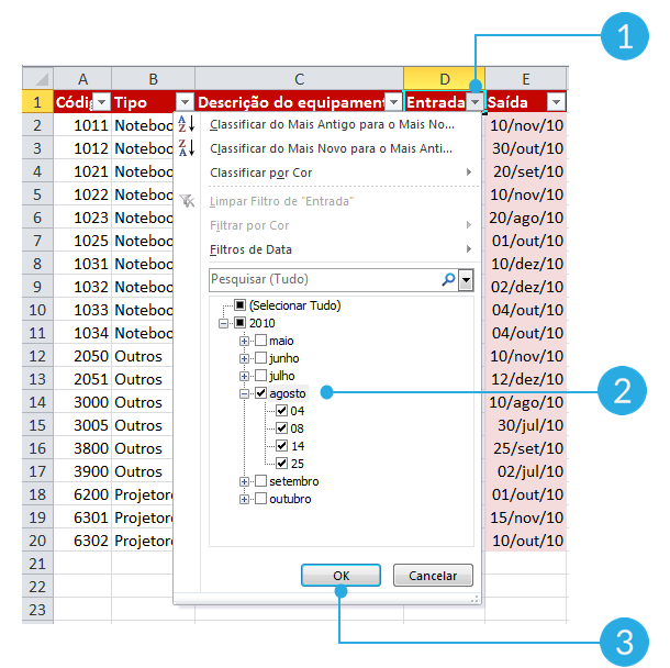Exemplo de imagem dos passos a serem seguidas para adicionar filtros adicionais no Excel 2010.