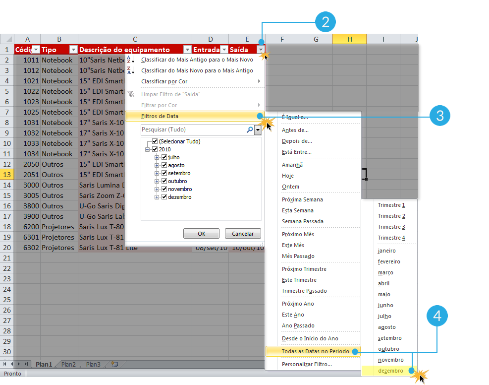 Exemplo de imagem de como ativar um filtro de data no Excel 2010.