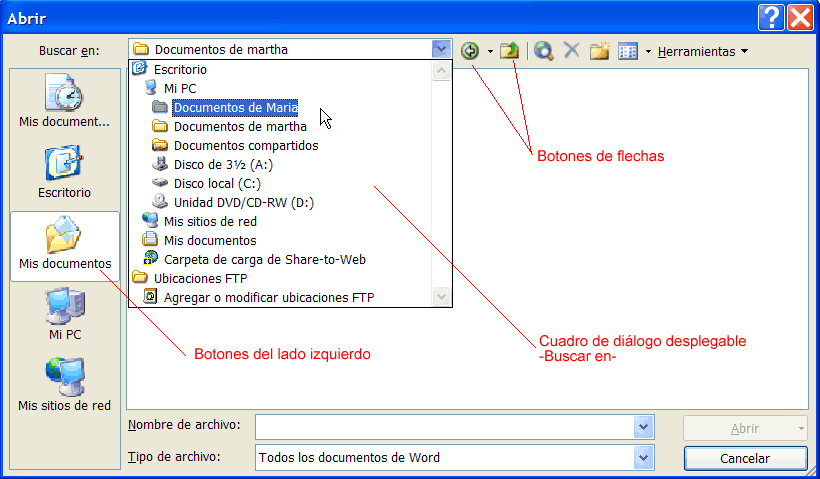 partes cuadro abrir archivo existente