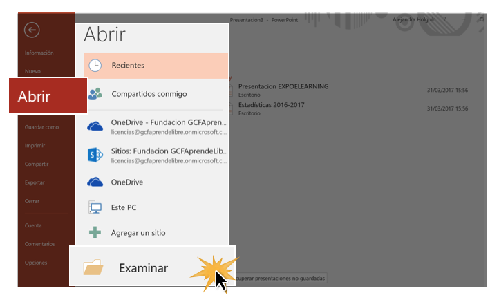 Abrir presentaciones recientes: botón Examinar.