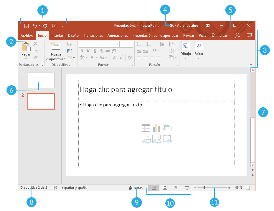 Interfaz o espacio de trabajo de PowerPoint 2016