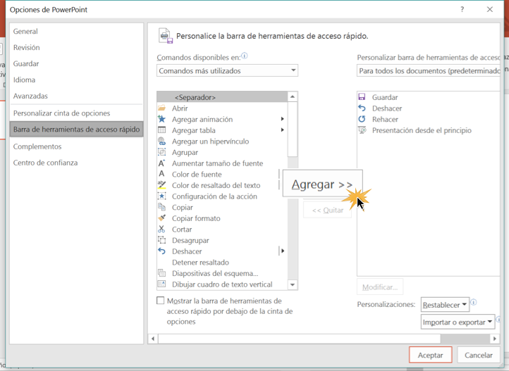 Ventana opciones de Power Point 
