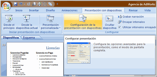 comando Configuración de la Opciones Presentación con Diapositivas