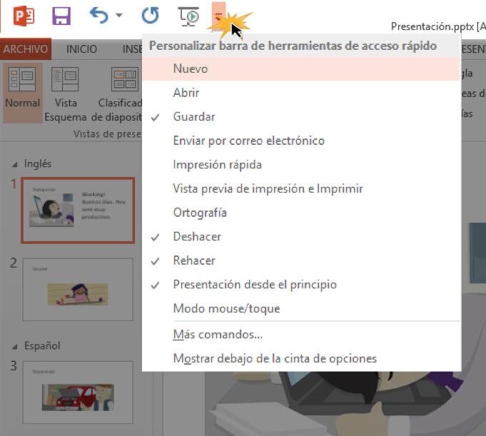 Por defecto se incluye la opción Guardar, Deshacer, Rehacer, y el comando de inicio de presentación.