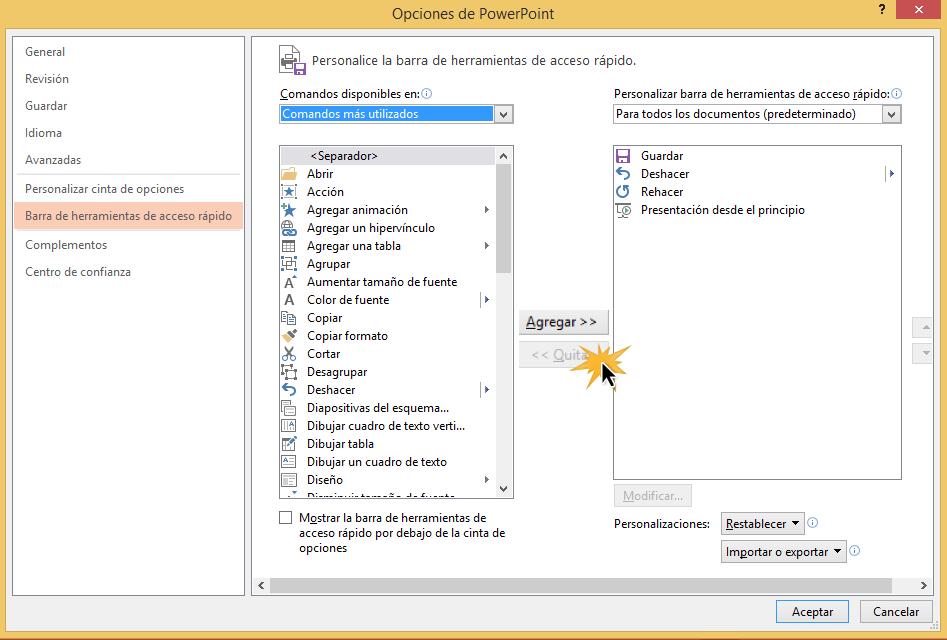 Desde este cuadro puedes añadir más comandos a la barra de acceso rápido.