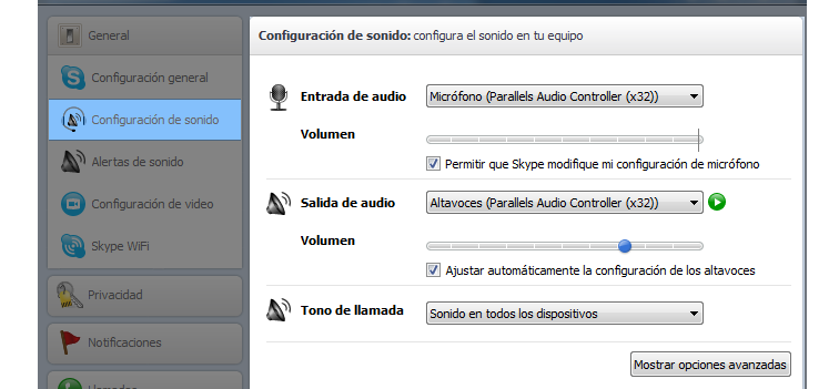 Opciones de configuración de sonido de Skype.