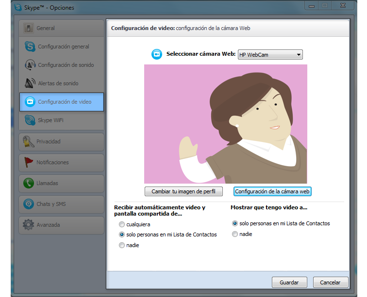 Configuración de la cámara en Skype.