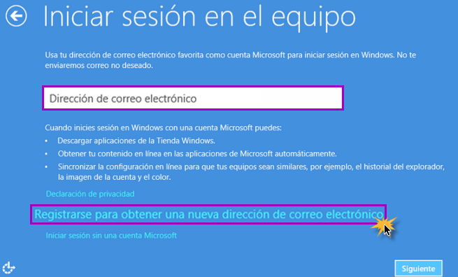 Imagen ejemplo de la segunda opción para registrar una cuenta Microsoft en Windows 8.