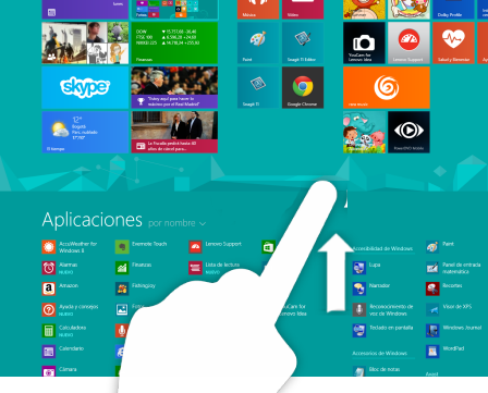 Imagen ejemplo de cómo ver la lista de todas las aplicaciones en Windows 8 si el equipo es táctil.