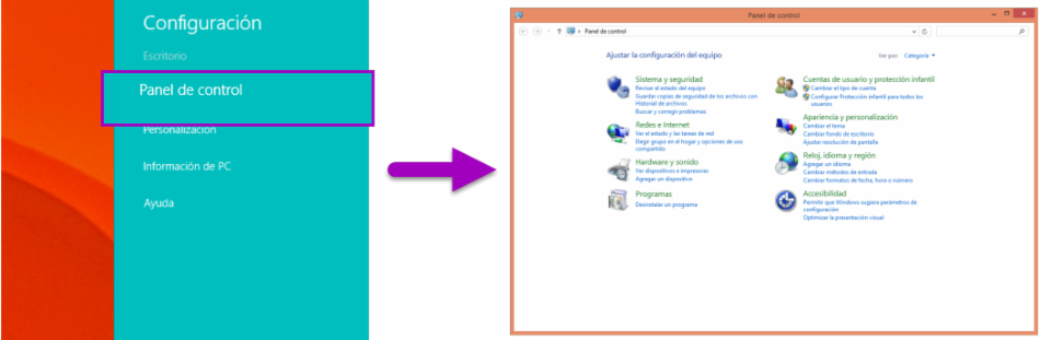 Imagen ejemplo del paso 3 para acceder al Panel de Control en Windows 8.