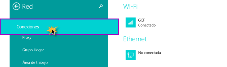 Imagen ejemplo de panel de configuración de la red en Windows 8.