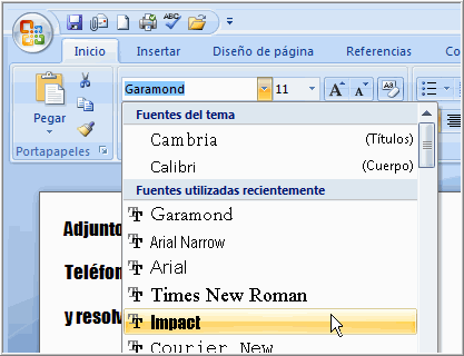 Imagen ejemplo de cómo cambiar tipo de fuente en Word 2007.