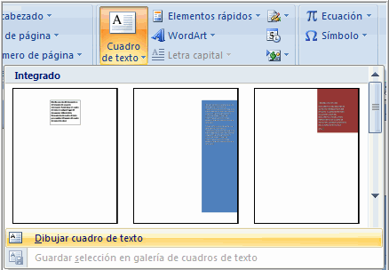 Imagen ejemplo de comando Cuadro de texto en la pestaña Insertar y la opción Dibujar cuadro de texto.