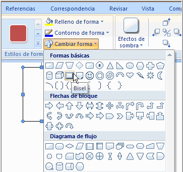 Imagen ejemplo del comando Cambiar forma y su menú desplegable.