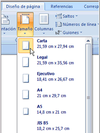 Imagen ejemplo de cómo cambiar tamaño de página en Word 2007.