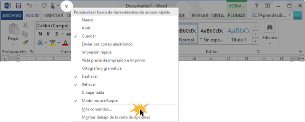 Vista del menú de comandos de la Barra de herramientas de acceso rápido.