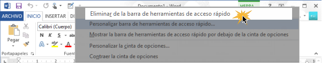 Vista de la opción para eliminar un comando de la Barra de herramientas.