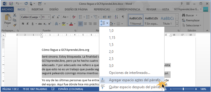 Vista de las opciones Agregar espacio antes del párrafo y Quitar espacio después del párrafo.