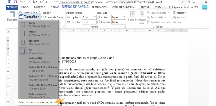 Vista de la opción Más tamaños de papel en el menú del comando Tamaño.