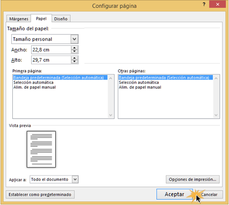 Inesperado paso Estación Word 2013: Tamaño de página