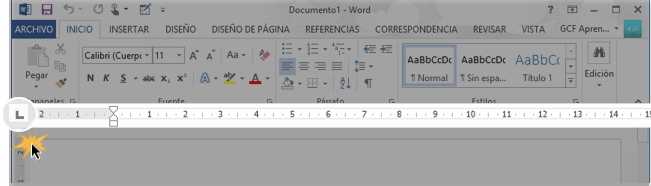 Vista del selector de tabulación en la regla horizontal de Word.