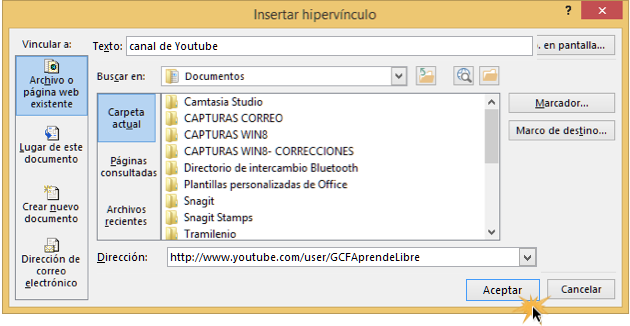 Vista del cuadro de dialogo Insertar hipervínculo de Word 2013.