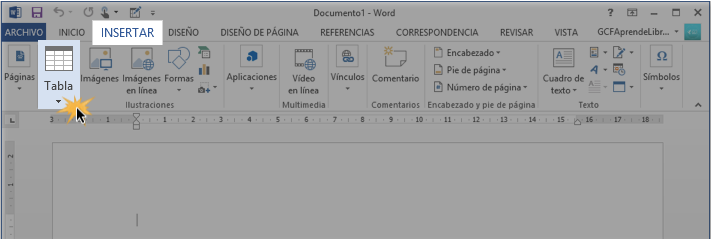 Vista de la pestaña Insertar y el comando Tabla.