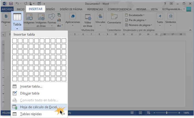 Vista de la opción Hoja de cálculo de Excel en el menú de Tabla.