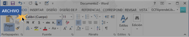Vista de la pestaña Archivo de Word 2013.