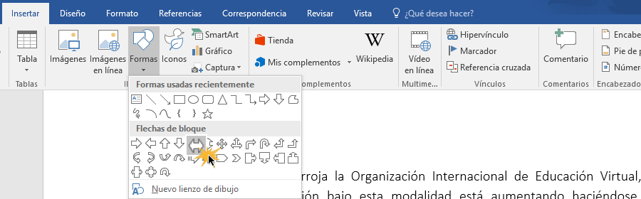 Insertar una forma en un documento de Word.