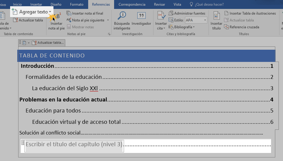 Ingresar datos y aumentar niveles en tabla de contenido.