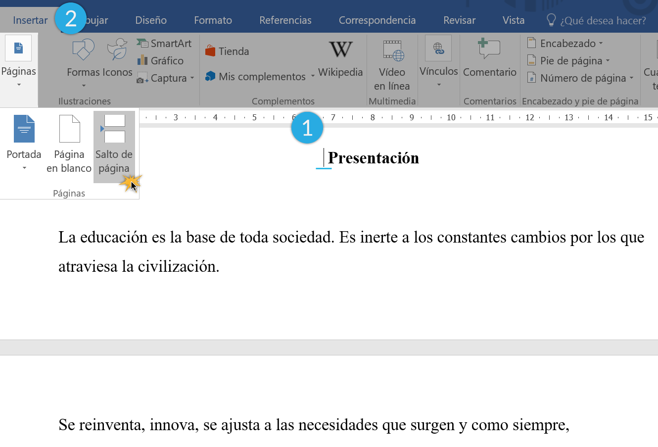 Pasos para insertar saltos en Word 2016.