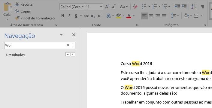 Painel de navegação para buscar texto no documento.