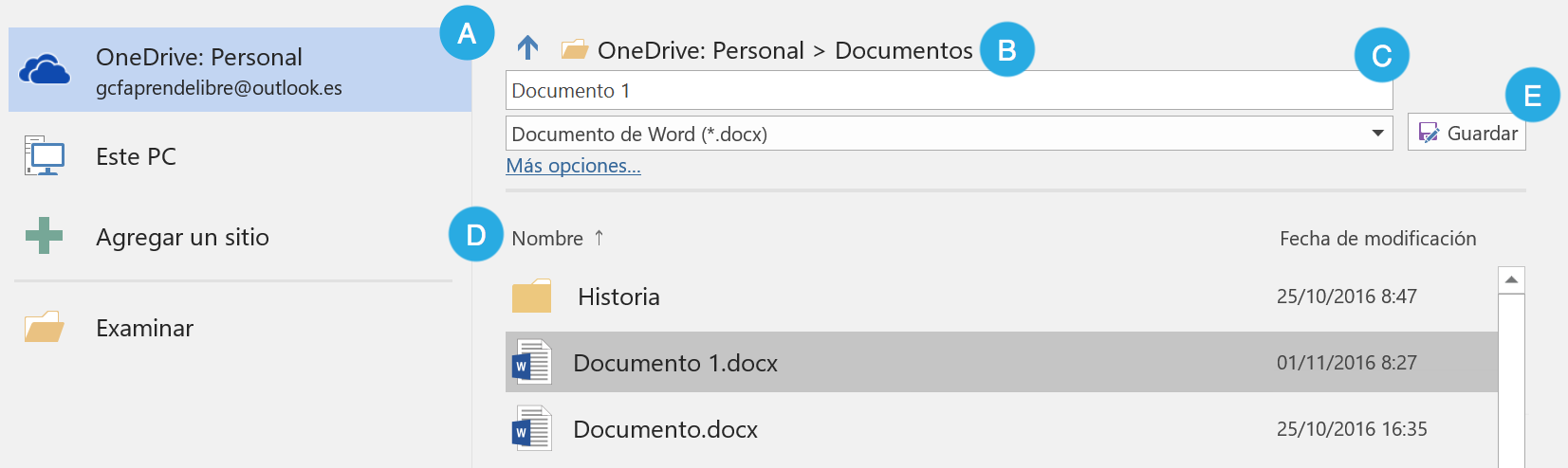 Panel de OneDrive para guardar documentos.