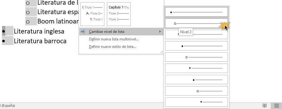 Cambiar nivel de lista.