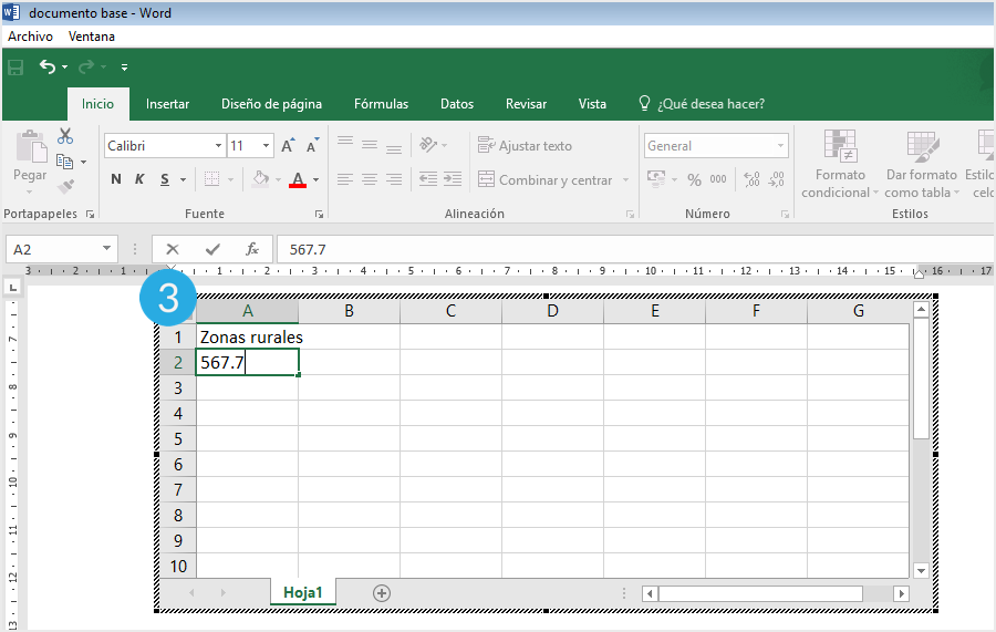 Hoja de cálculo en Excel en Word.