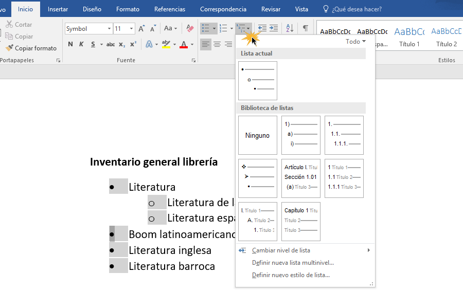 Seleccionar lista y botón Lista multinivel.